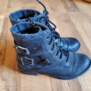 Crown Vintage Black Combat Boots with Silver Buckles